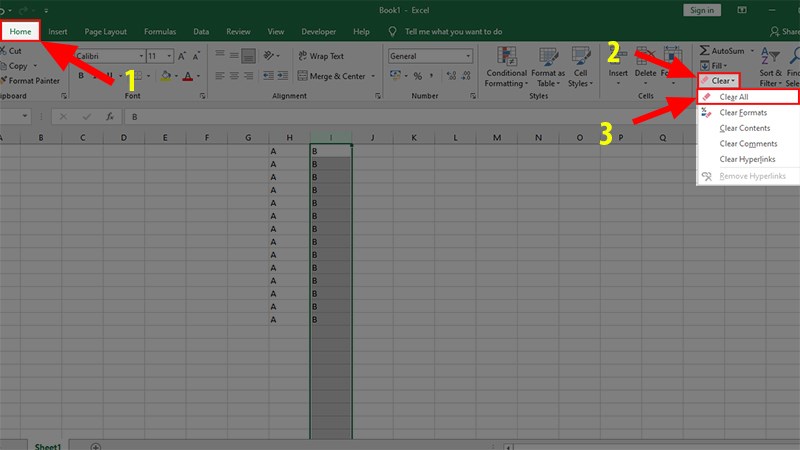 Nhấn Delete hoặc Vào thẻ Home > Mục Editing > Nhấn vào Clear > Chọn Clear All.