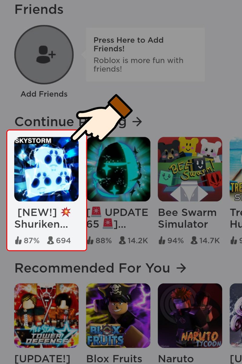 V&agrave;o game Roblox > Nhấn chọn mode chơi Shuriken Simulator