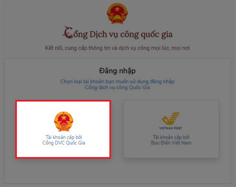Chọn t&agrave;i khoản cấp bởi Cổng DVC Quốc gia