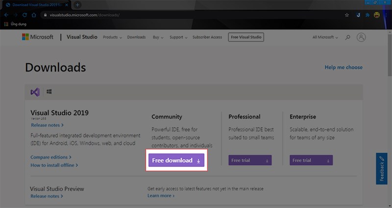 Vào trang Download Visual Studio