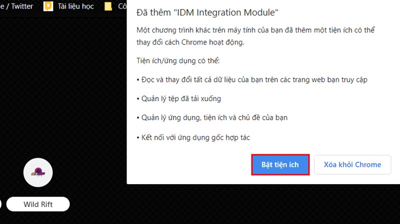 Bật tiện ích IDM trong trình duyệt