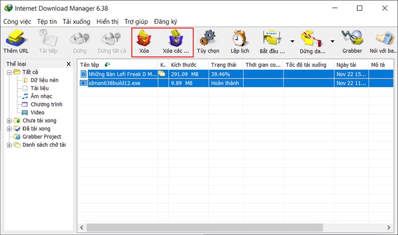 Tính năng xóa file trong IDM