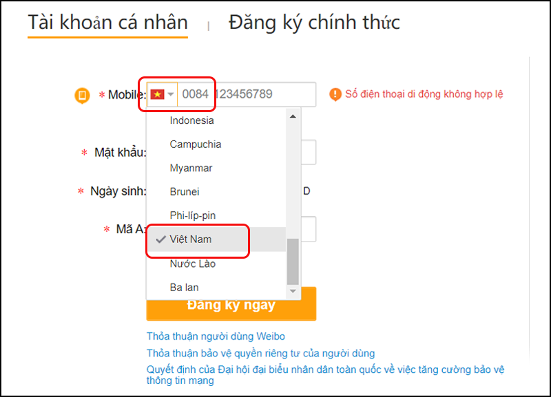 Chọn nhập số điện thoại Việt Nam