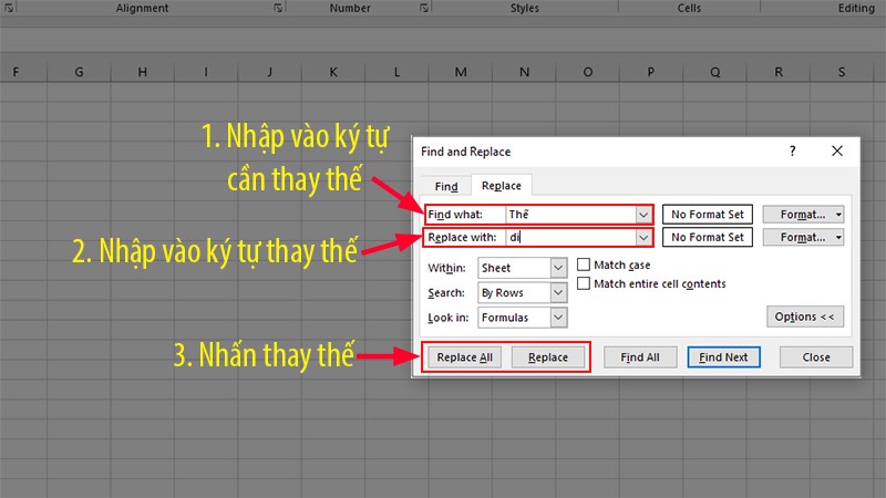 Trong hộp thoại Find What, gõ giá trị tìm kiếm, trong ô Replace with, gõ giá trị thay thế > Nhấp vào&nbsp;Replace&nbsp;để thay thế từng kết quả một hoặc&nbsp;Replace All&nbsp;để thay đổi tất cả kết quả tìm kiếm.