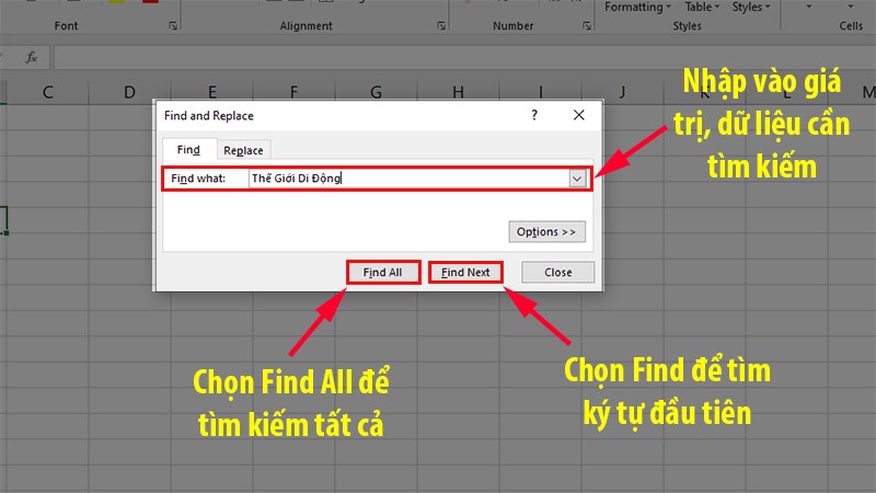 Trong ô Find what, điền vào ký tự hoặc giá trị bạn muốn tìm kiếm sau đó nhấn chọn Find All hoặc Find Next