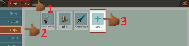 Khởi động game Mini World Block Art, nhấn vào Plugin library, chọn Props và chọn New ở bên tay phải để tạo mới.