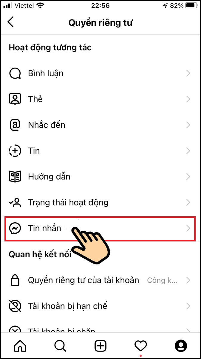 Nhấn vào phần Tin nhắn để điều chỉnh lại chế độ tin nhắn trên Instagram