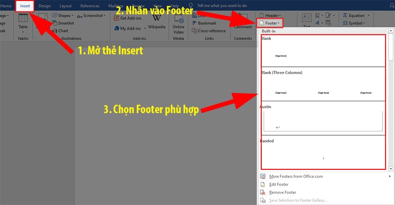 Vào thẻ Insert > Ở mục Header & Footer > Chọn Footer phù hợp