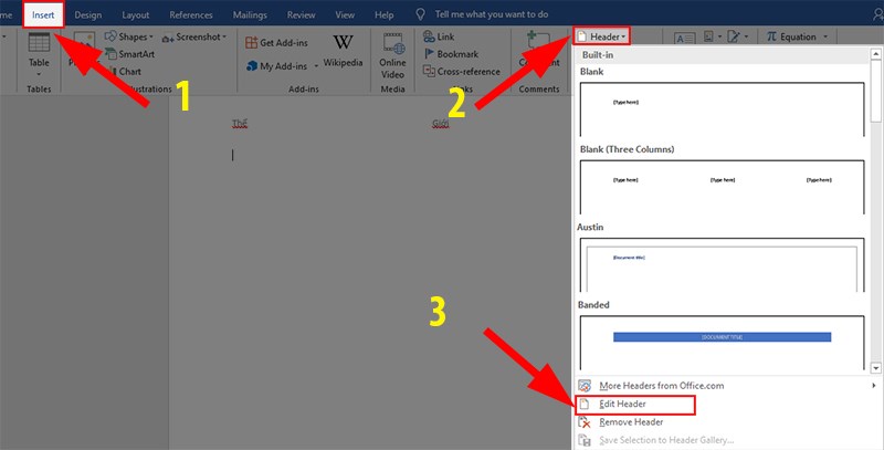 Vào thẻ Insert > Ở phần Header & Footer > Nhấn vào Header > Chọn Edit Header.
