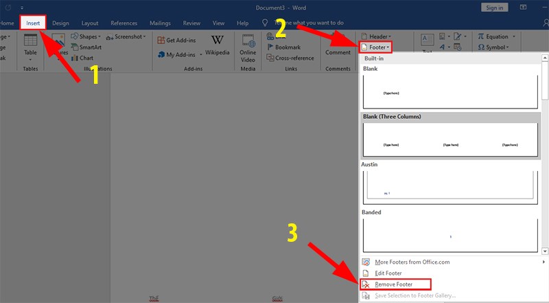 Vào thẻ Insert > Ở mục Header & Footer > Chọn Remove Footer
