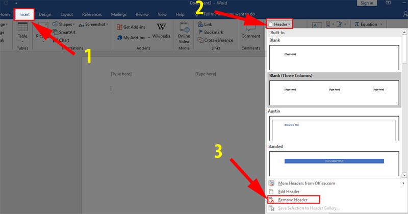 Vào thẻ Insert > Ở mục Header & Footer > Chọn Remove Header