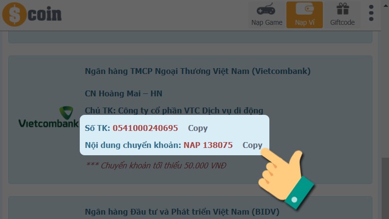 Chuyển khoản vào tài khoản như hướng dẫn