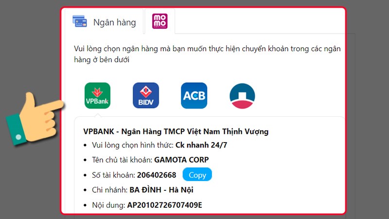 Chọn nạp qua ngân hàng hoặc Momo