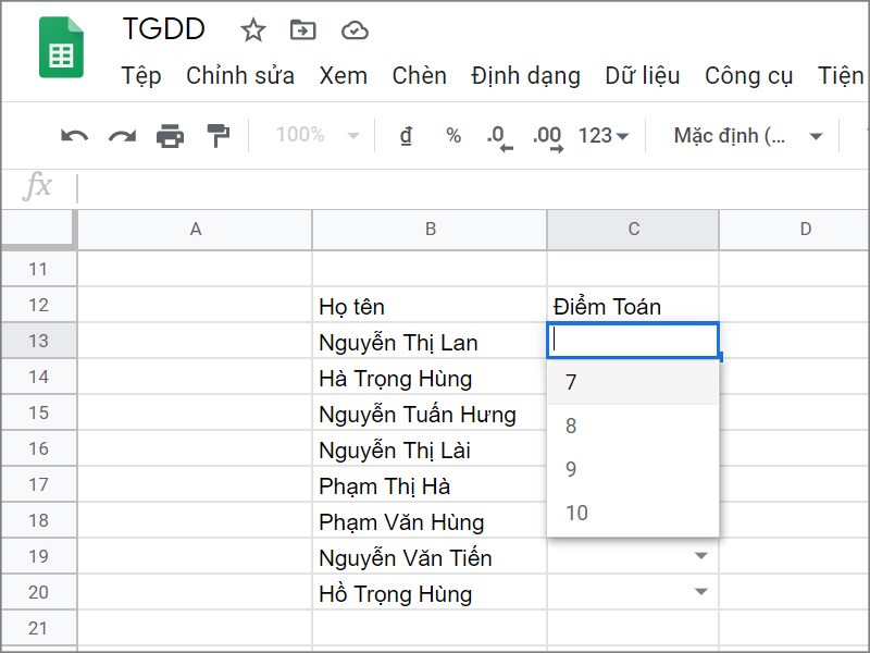 Tạo drop list trong Google Sheets thành công