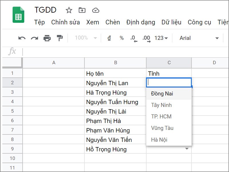 Tạo drop list trong Google Sheets thành công