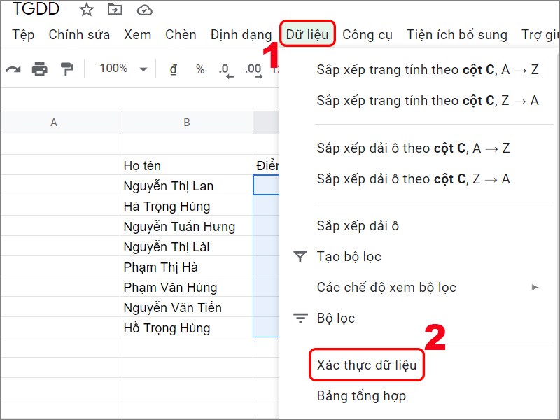 Chọn Xác thực dữ liệu