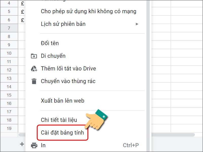 Chọn cài đặt bảng tính Chọn cài đặt bảng tính