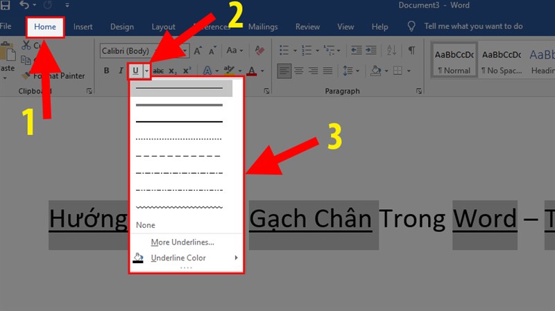 Nhấn vào nút mũi tên ở kế bên chữ U > Chọn những kiểu bạn thích.