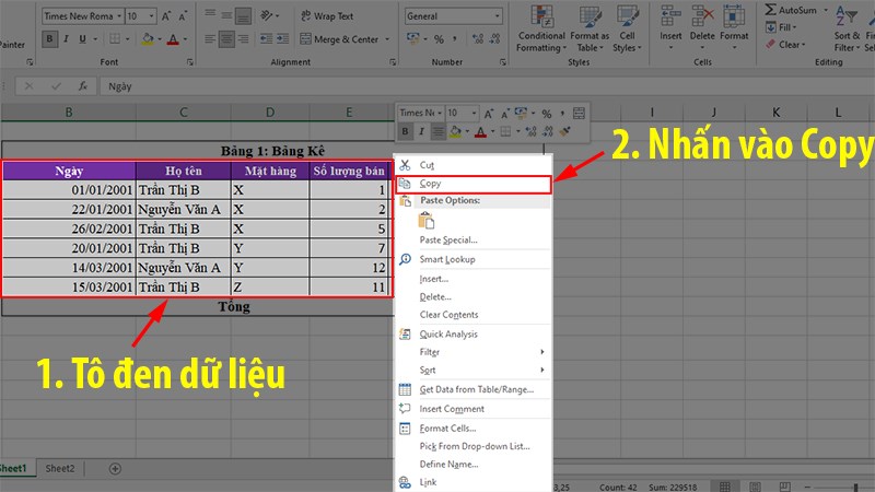 Chọn dữ liệu từ file Excel bạn muốn copy > Nhấn chuột phải > Chọn Copy