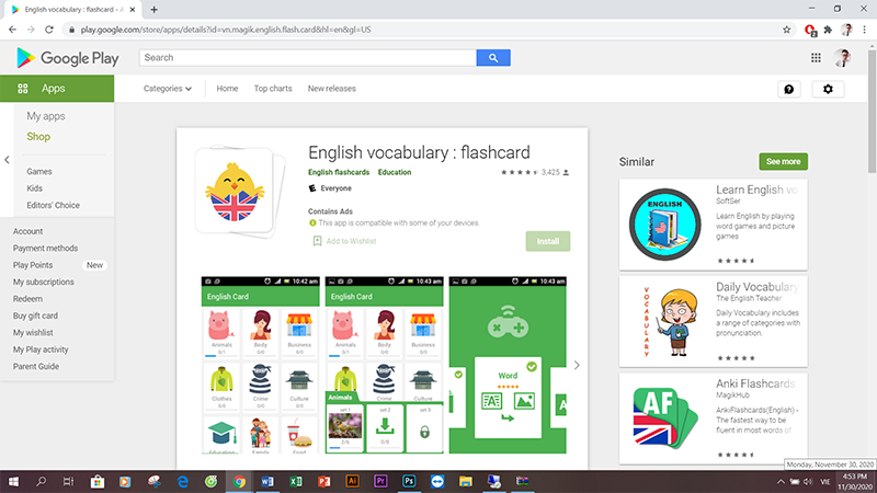Phần mềm học tiếng Anh bằng thẻ English vocabulary: Flashcard