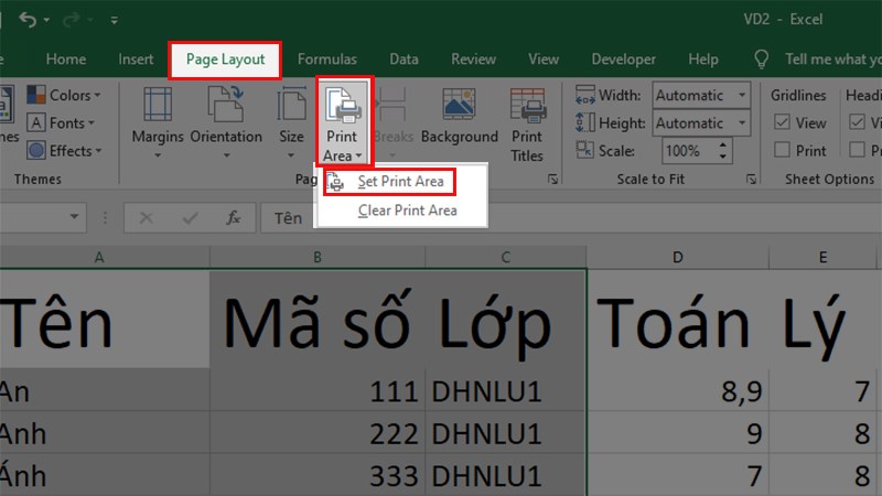 Để in được vùng đã chọn ở Bước 1 chúng ra sẽ phải&nbsp;đặt vùng in như sau:&nbsp;Vào Page layout > Print Aria&nbsp;> Set Print Aria.
