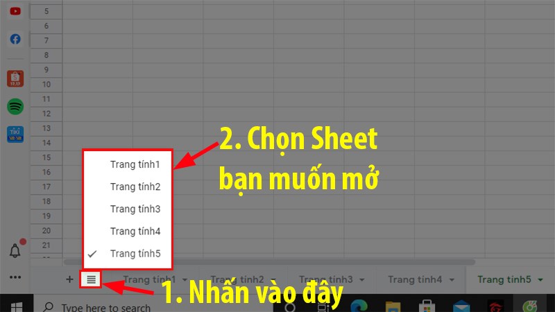Nhấn chuột phải vào góc dưới bên trái màn hình của bảng tính bạn đang sử dụng >1&nbsp;danh sách các Sheet&nbsp;hiện lên > Chọn&nbsp;Sheet&nbsp;bạn&nbsp;cần mở&nbsp;> nhấn&nbsp;OK.