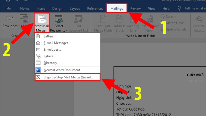 Vào File Word có mẫu đơn > Nhấn vào thẻ Mailings > Nhấn vào Start Mail Merge > Step-by-Step Mail Merge Wizard