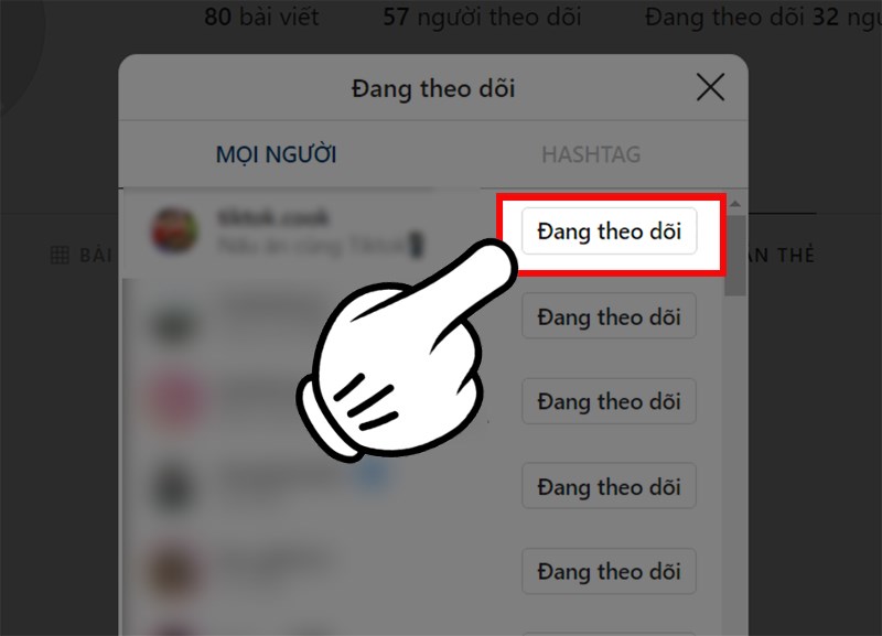 Chon người hoặc trang bạn muốn Bỏ theo dõi > Nhấn vào mục Following hay Đang theo dõi