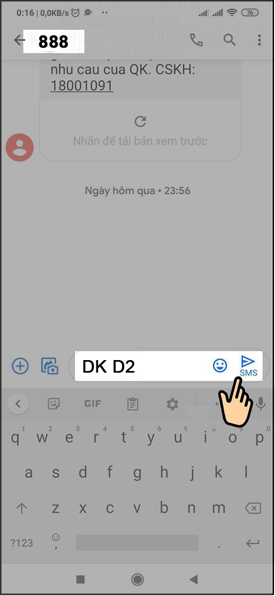 Ấn gửi có biểu tượng hình mũi tên SMS