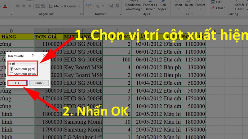 Hộp thoại hiện ra và bạn chọn vị trí các cột sẽ xuất hiện: Bên trái (Shift Cells Left) hoặcbên phải (Shift Cells Right)