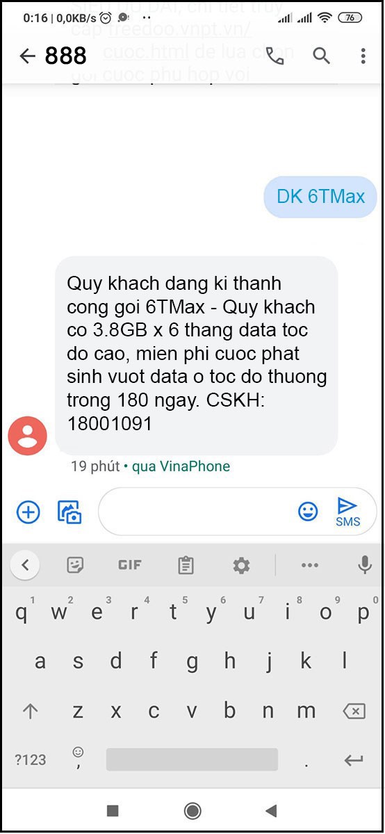 Sau khi gửi đăng kí bạn sẽ nhận được thông báo đăng kí data thanh công