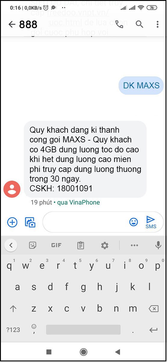 Sau khi gửi đăng kí bạn sẽ nhận được thông báo đăng kí data thanh công