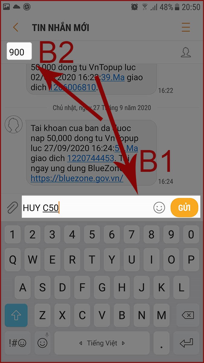 Soạn cú pháp HUY C50 gửi 900