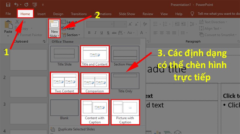 Tạo slide mới với định dạng có hình ảnh.