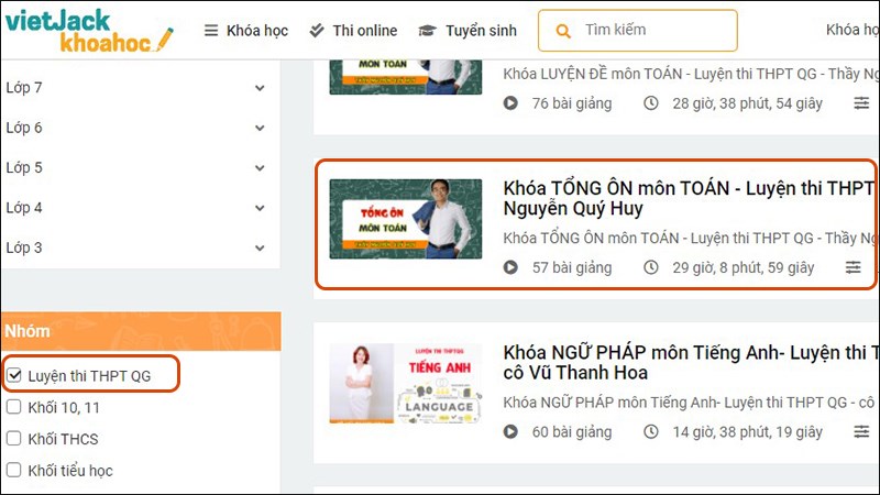 Tick vào Luyện thi THPT QG và chọn khóa luyện thi bạn cần