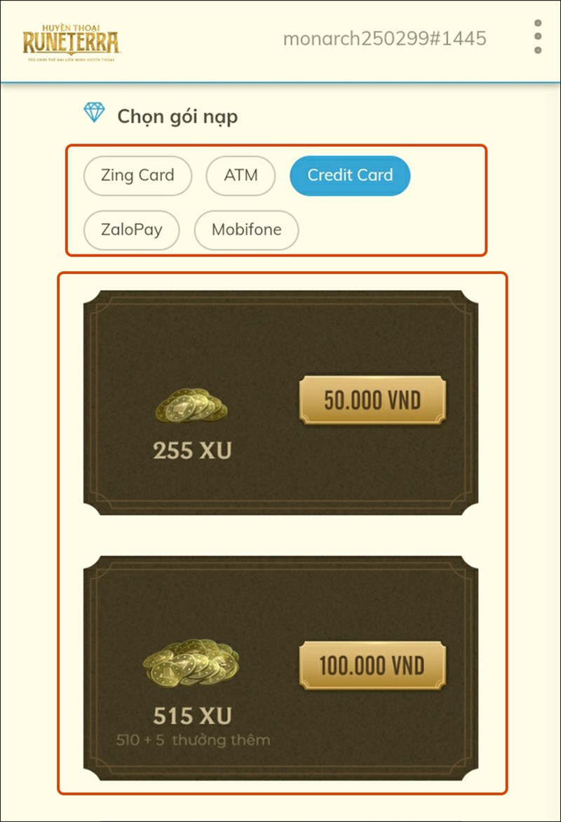 Chọn hình thức thanh toán và gói nạp Chọn hình thức thanh toán và gói nạp