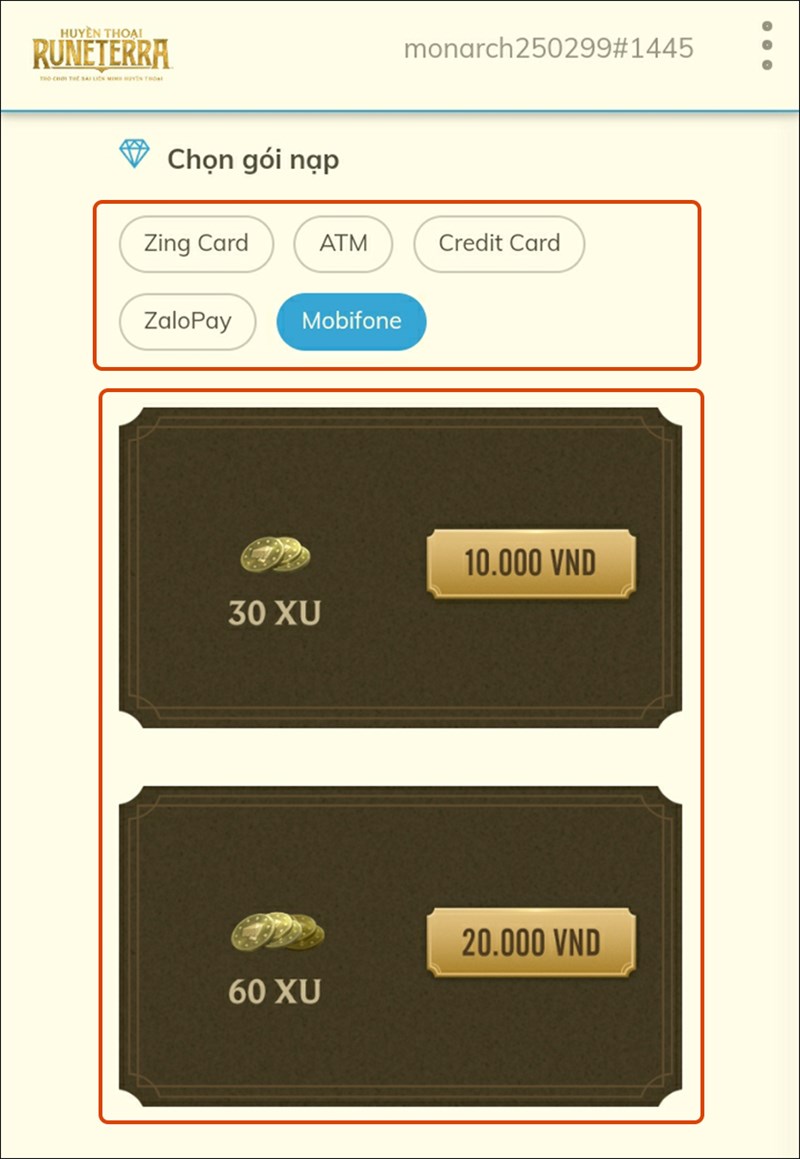 Chọn hình thức thanh toán và gói nạp Chọn hình thức thanh toán và gói nạp