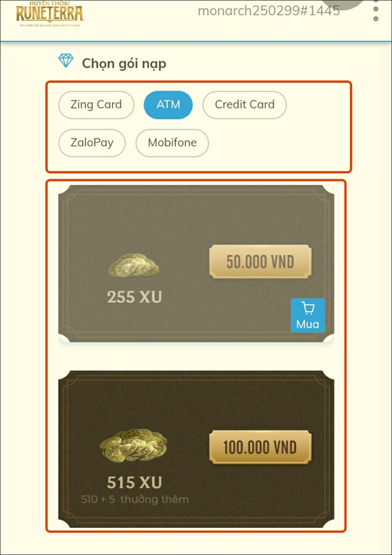 Chọn hình thức thanh toán và gói nạp Chọn hình thức thanh toán và gói nạp