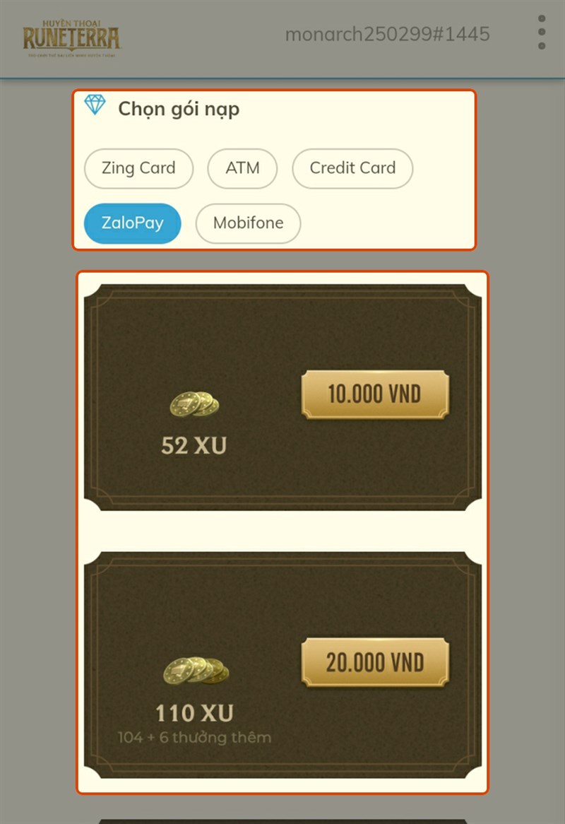 Chọn phương thức đăng nhập và gói giá trị thẻ nạp Chọn phương thức đăng nhập và gói giá trị thẻ nạp