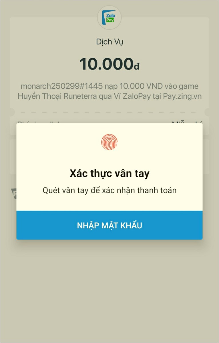 Xác thực lại bằng mật khẩu hoặc vân tay Xác thực lại bằng mật khẩu hoặc vân tay