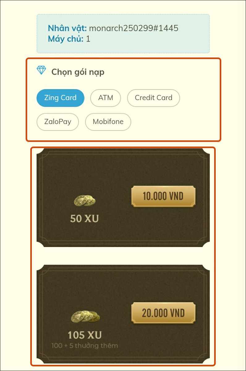 Chọn hình thức thanh toán và gói nạp Chọn hình thức thanh toán và gói nạp