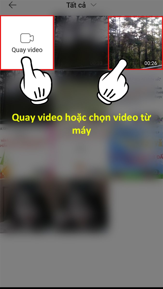 Chọn video muốn đăng từ máy của bạn (hoặc bạn có thể tự quay). Chọn video muốn đăng từ máy của bạn (hoặc bạn có thể tự quay).
