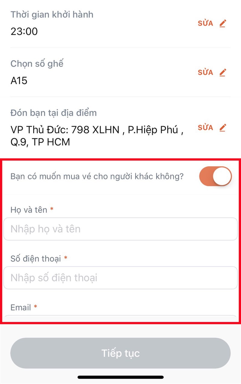 Điền c&aacute;c th&ocirc;ng tin cần thiết nếu bạn mua v&eacute; cho người kh&aacute;c