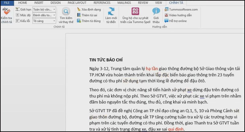 Giao diện kiểm tra chính tả với Tummo Spell