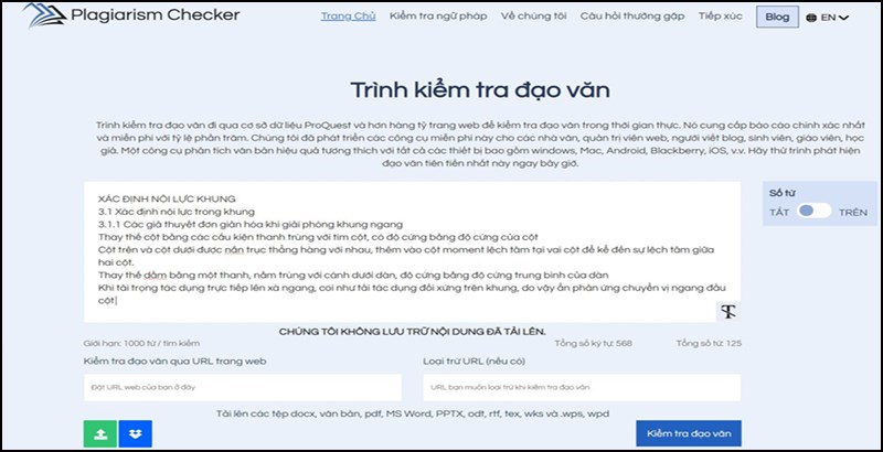 Giao diện trực tuyến của Plagiarism Checker X