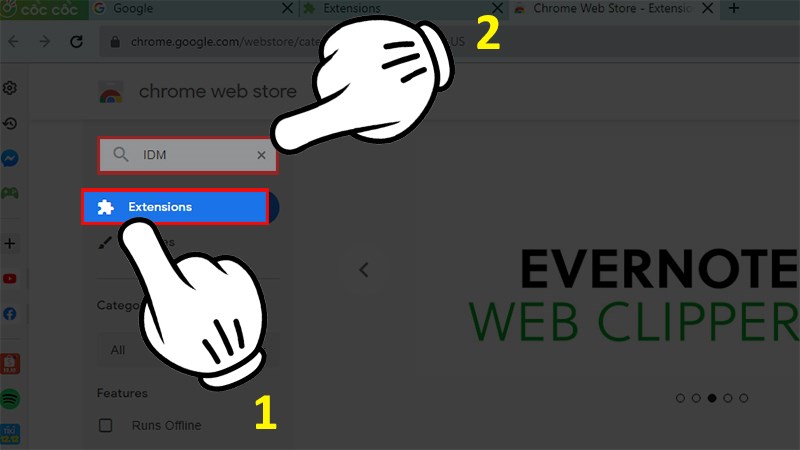  Chọn Extensions > Nhập IDM v&agrave;o &ocirc; t&igrave;m kiếm v&agrave; nhấn Enter.