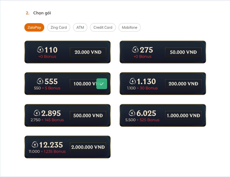 Chọn g&oacute;i nạp