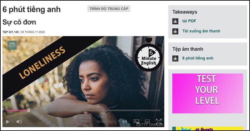 Giao diện trực tuyến của 6 minutes English (BBC)