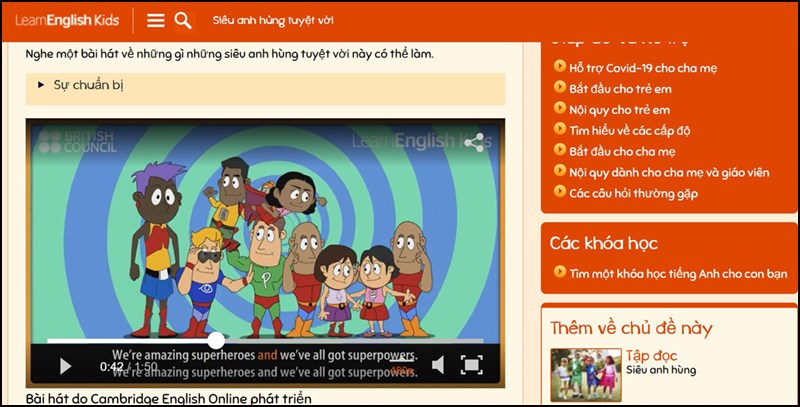Giao diện trực tuyến của LearnEnglish Kids: Playtime