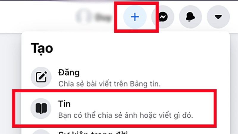 Nhấn vào biểu tượng dấu cộng bên phải trang cá nhân và chọn Tin